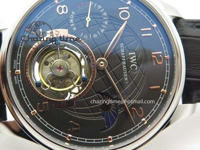 MIROTIME 0428 Portuguese Tourbillon Power Reserve Moonphase SS Black Dial Gold Numbers On Black Leather Strap RelaxedFit 7320